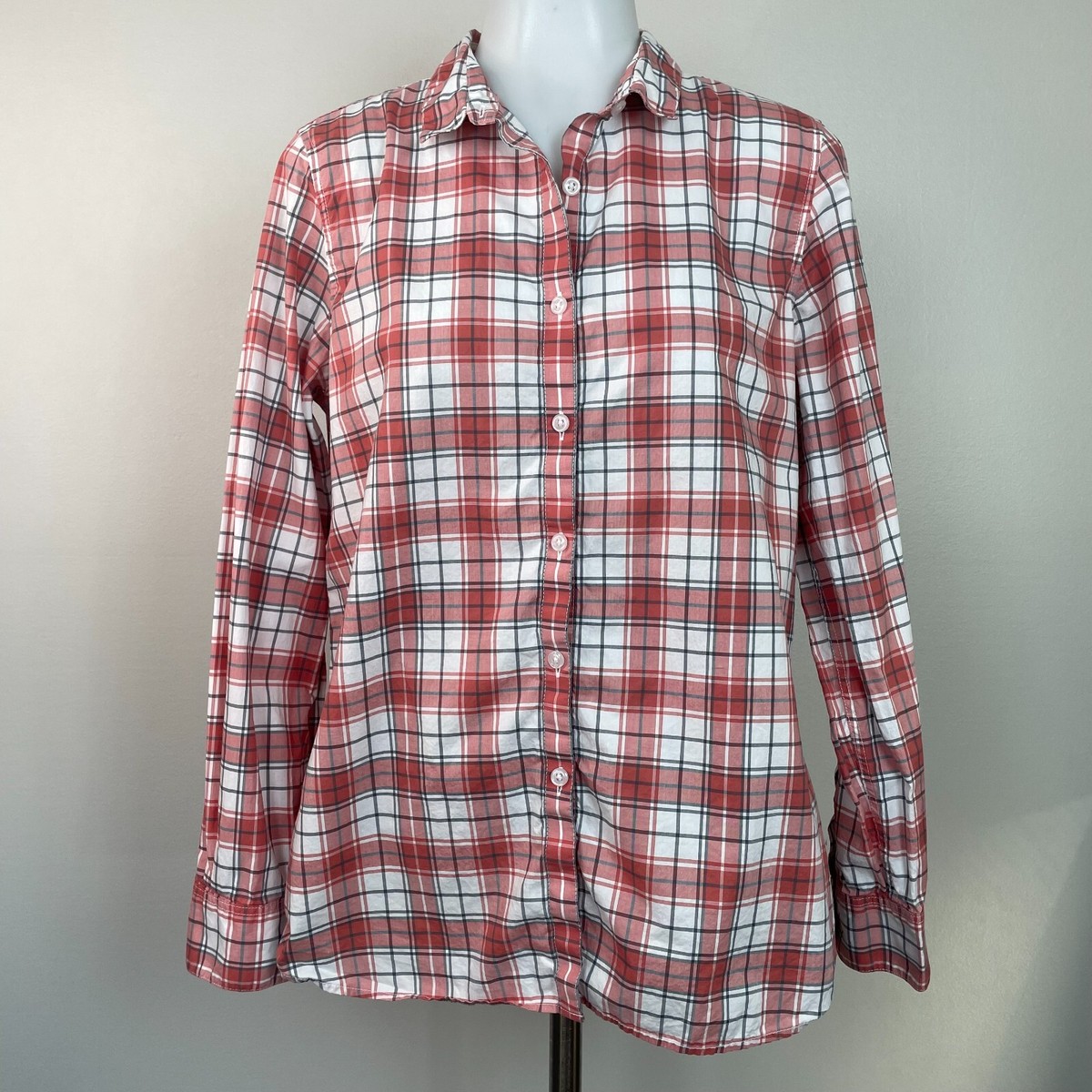 Garnet Hill Top Plaid Orange Gray White Cotton Button-Front