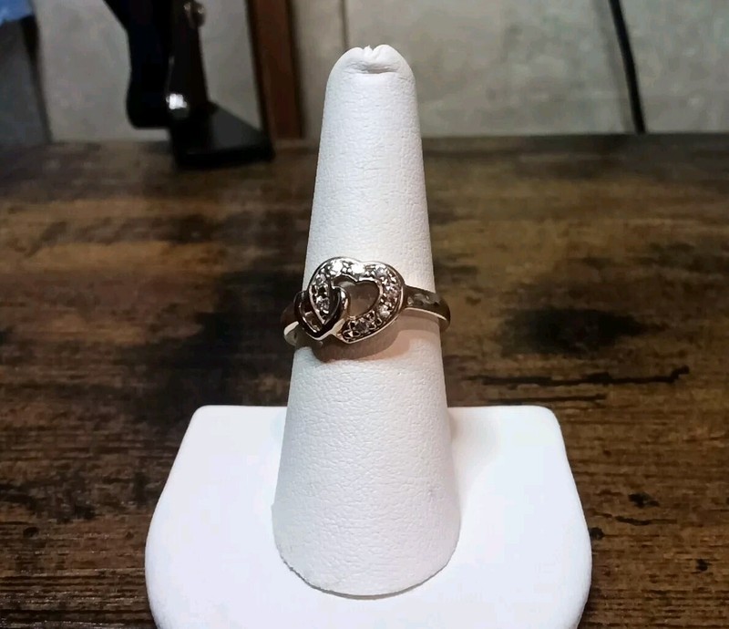 Sterling Silver 925 Double Heart Ring With CZ, Size 8