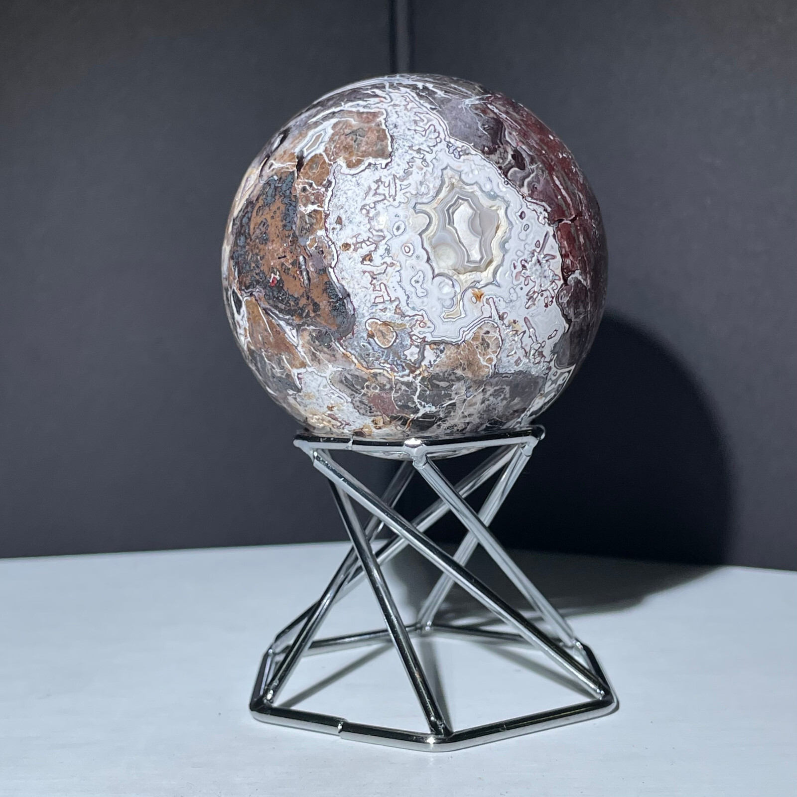 261g Natural Mexican Crazy Lace Agate Crystal Ball with Healing Properties and Display Stand
