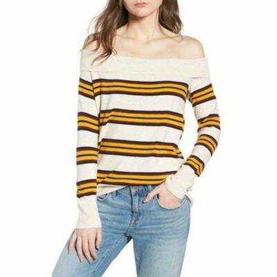 Treasure Bond Size XL Off Shoulder Sweater Stripe Oatmeal and