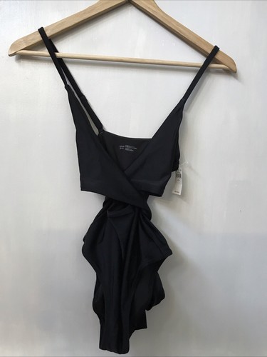 Aerie Wrap Full Coverage One Piece Swimsuit Black Womens V Neck Size Medium NWT