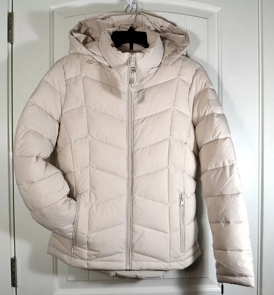 NWT WOMEN S CALVIN KLEIN BONE STRETCH HOODIE PUFFER JACKET COAT