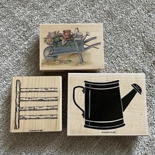 Set of 3 Stampin' Up! Garden Themed Wooden Stamps, Fence, Watering Can