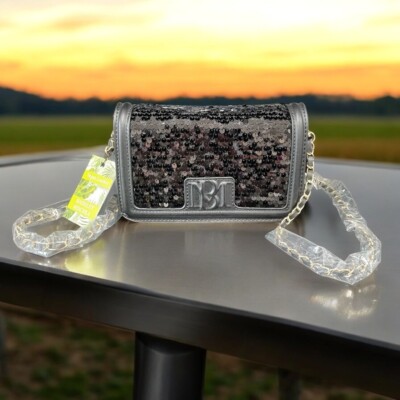 Badgley Mischka Vegan Leather Black Sequin Crossbody Bag Chain Strap Glam NWT