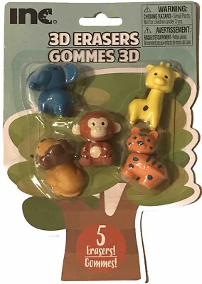 INC. 3D Safari Animal Pencil Erasers 5 Pack Can Use For Miniature Diorama Props