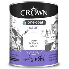 Crown One Coat Satin,Paint Pure Brilliant White 750ml or 2.5l, Wood,Metal,UPVC