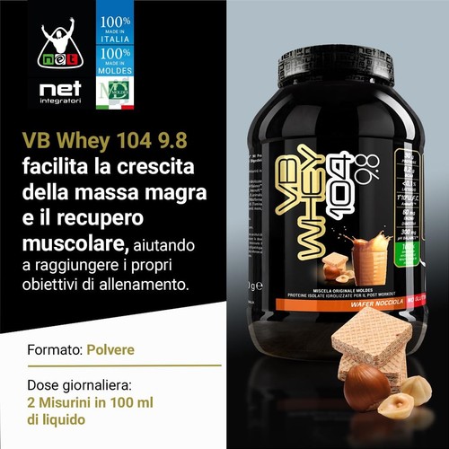 NET Integratori VB WHEY 104 9.8 Optipep 900g Wafer Nocciola Proteine Isolate - Foto 9 di 24