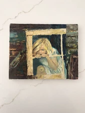 Vintage Oil Painting Girl at Window Signed C Green 10x8 Rustic Americana