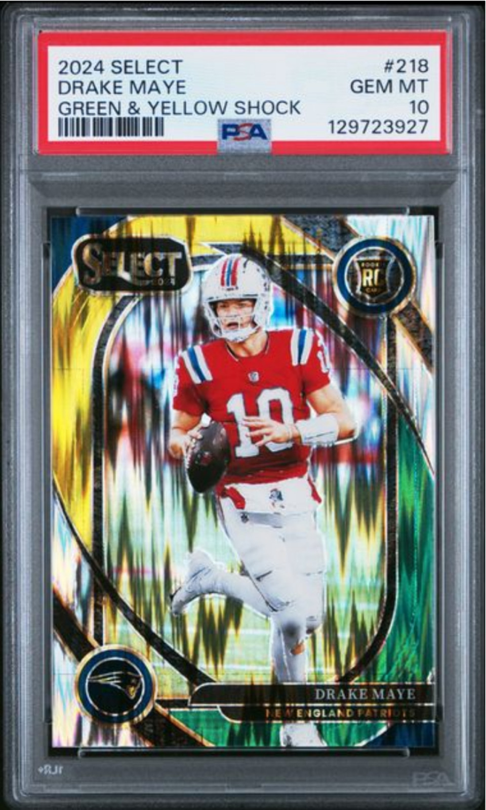 Graded 2024 Panini Select Drake Maye #218 Green Yellow Shock Rookie Card PSA 10