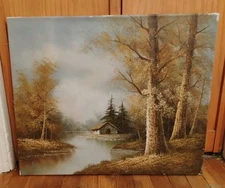 Vintage Original Oil On Canvas Cabin On River Signed Kemper 