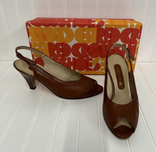 Vintage Red Cross Shoes Leather Slingback Peep Toe Heels Women s 8.5