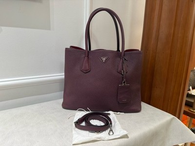 Prada Double Medium Burgundy Tote Bag Detachable Strap  Leather Top Handbag Auth