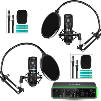 Movo Podkit2A Podcast Equipment Bundle 2 Condenser Microphone Kit w/ Interface 