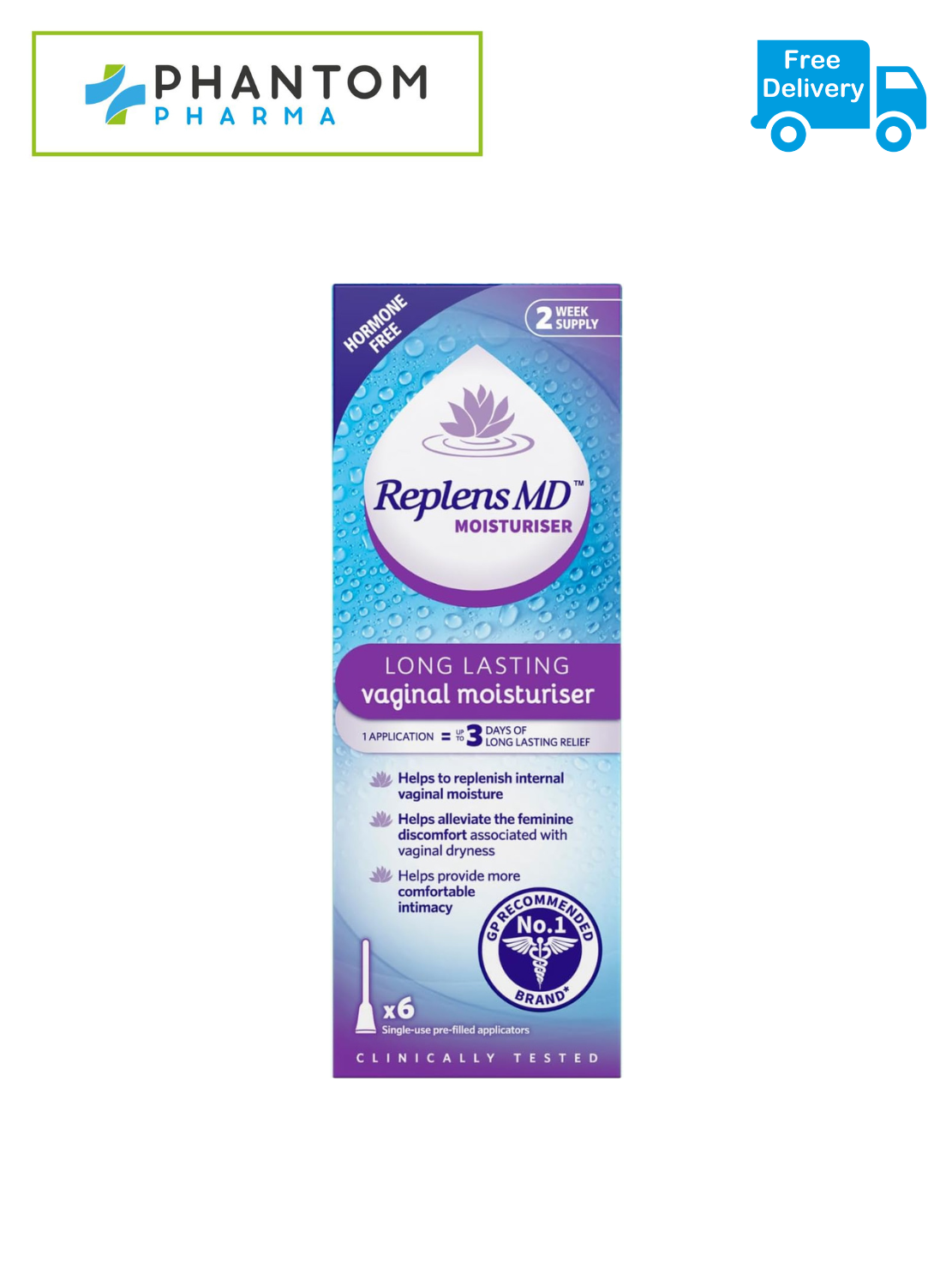 Replens MD Longer Lasting Vaginal Moisturiser - 6 Single Prefilled Applicators