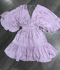 Glam Womens Spring Deep V Neck Ruffle Sleeve Open Back Smock Mini Dress S