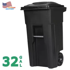 32 Gallon Black Rolling Outdoor Garbage/Trash Can with Wheels and Attached Lid