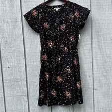 Goodthreads XS Black Floral Print Drawstring Waist Dress Flutter Sleeves NWT