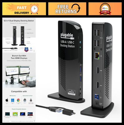 Universal Laptop Docking Station - Dual HDMI, USB 3.0/USB-C, Gigabit Ethernet, 6