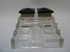 ANTIQUE DECO PRESSED GLASS DESK SET PEN STAND BLACK GLASS LIDS ON INK WELLS
