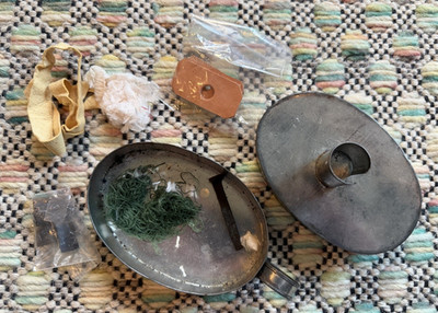 Primitive Tin Tinder Box Candlestick Holder Kit with Flints Tow Leather Flintloc