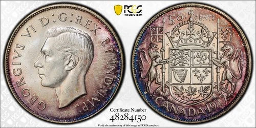 1947 Canada Silver Half Dollar "Straight 7" - PCGS MS63 - Beautifully Toned! PQ+