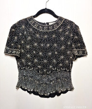 Vintage Papell Boutique Blouse Top Women's Small Black Silk Floral Embellished