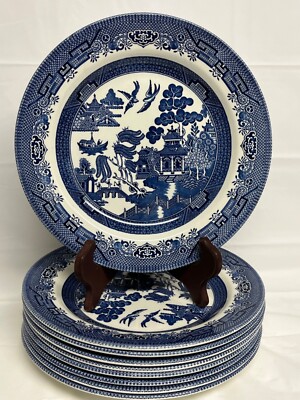 Set of 9 Churchill England Blue Willow 10.25 Dinner Plates Blue White EUC