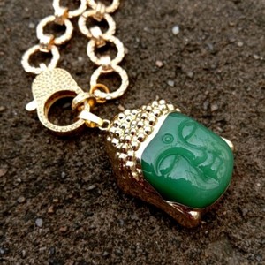 Authentic Green Jade Carved Buddha Head Pendant Gold Plated Chain Necklace 20"
