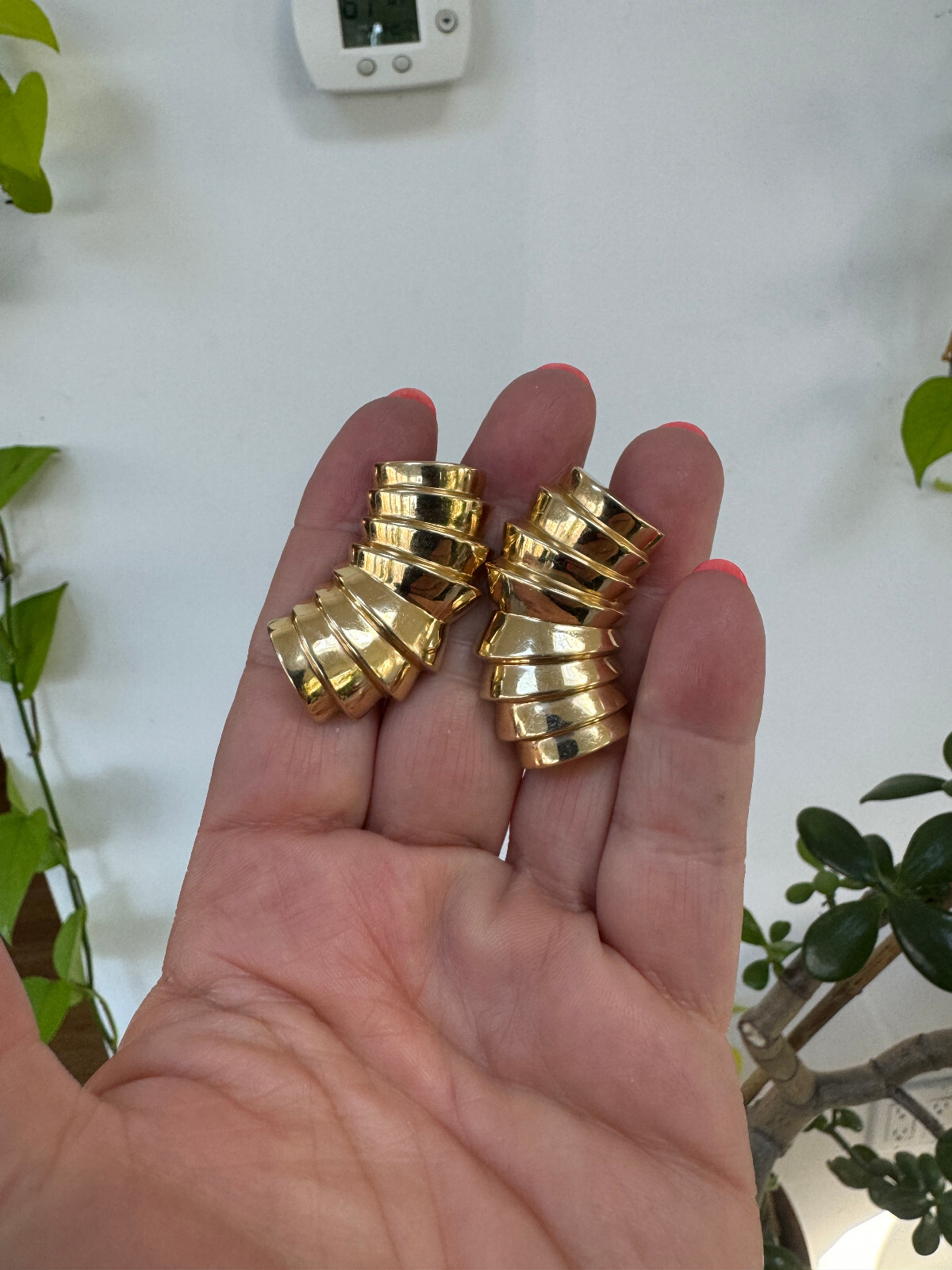 14K  Earrings Statement Solid Gold Ribbed - image 5