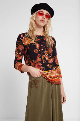 Womens Long Sleeve Boho T-Shirt Desigual Floral Pattern  Size S Viscose