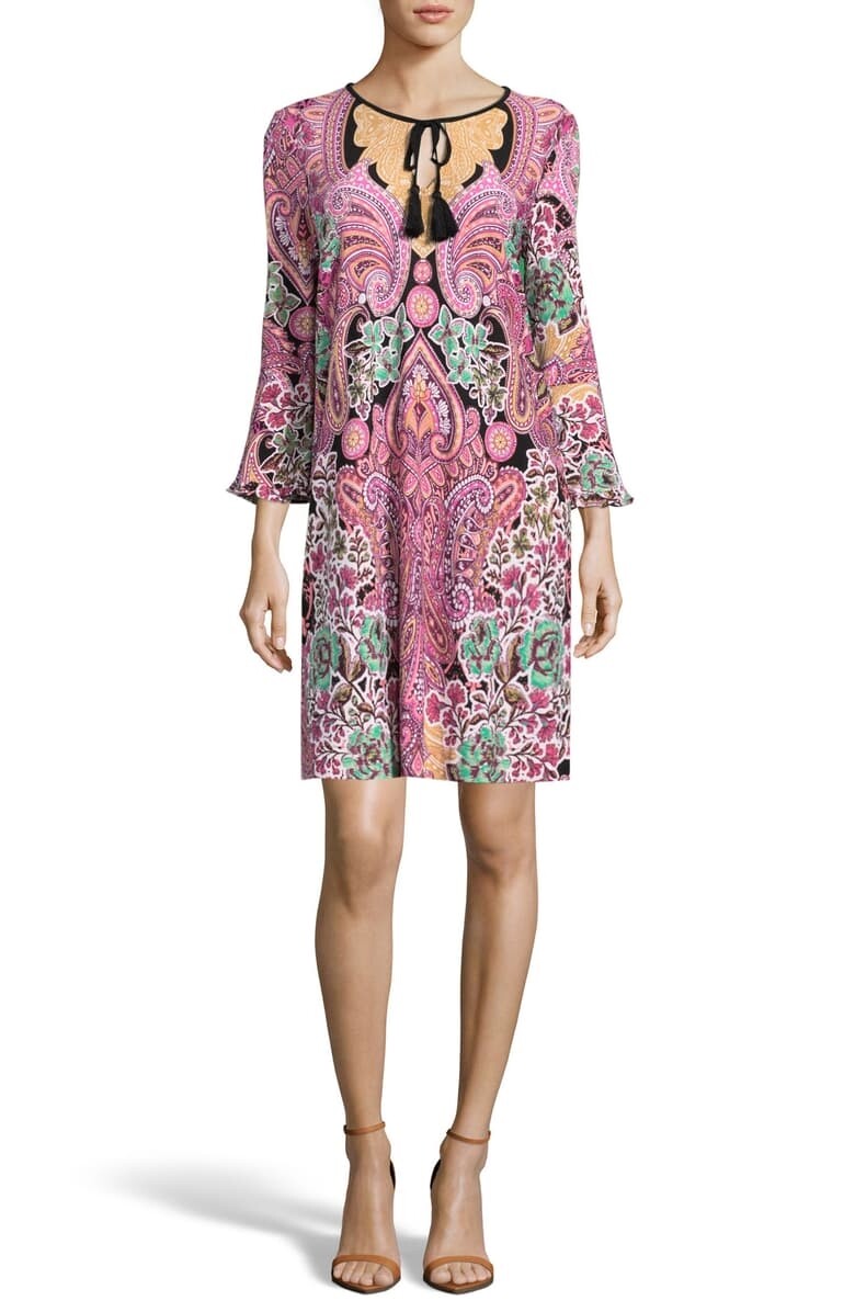 May Eci 155996 Women's Print Trapeze Dress 3/4 Sleeve Pink / Orange