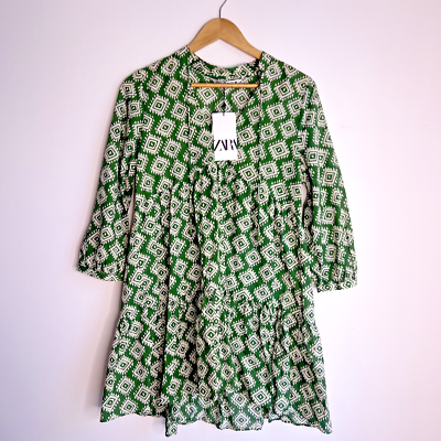 Zara Cadie Geometric Green Mini Smock Dress Size S Boho | eBay