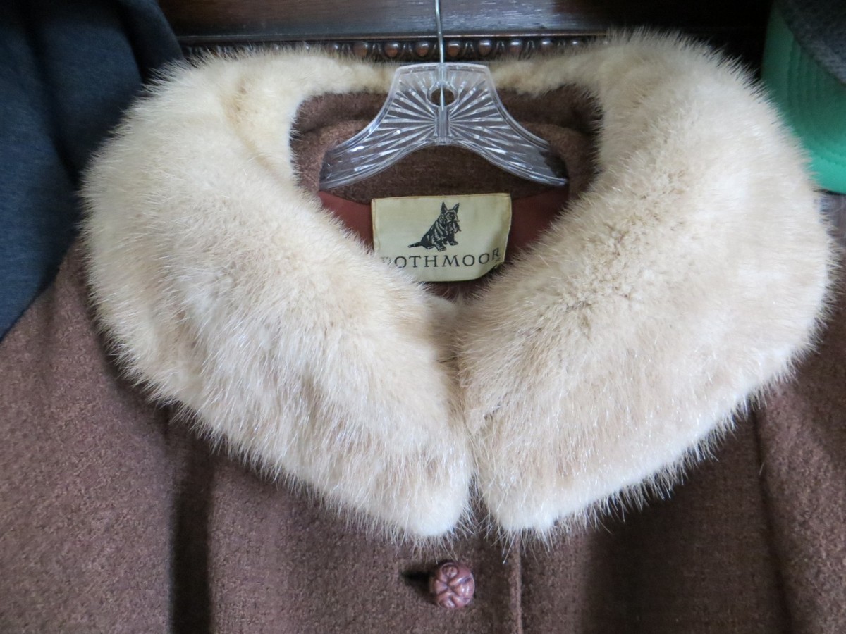 60's Vintage Rothmoor Brown Wool Satin Lined Fur Collar Long
