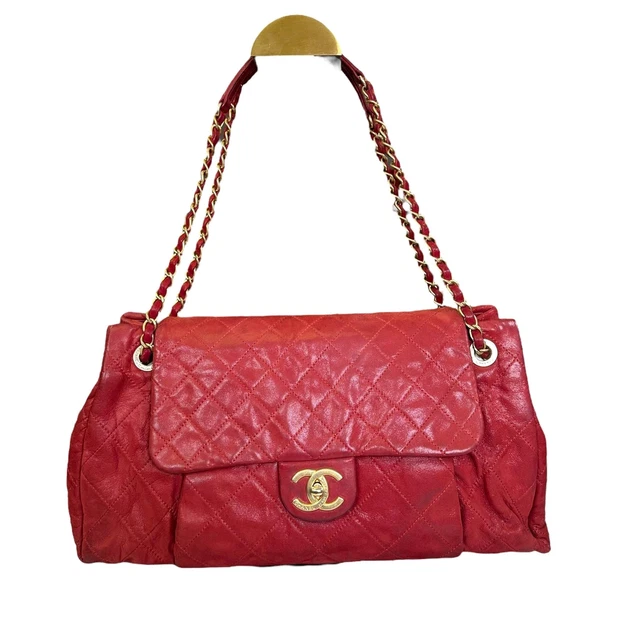Chanel CC Red Lambskin Coated Irridecent Medium Brushed Gold Flap Turn Lock Two 
