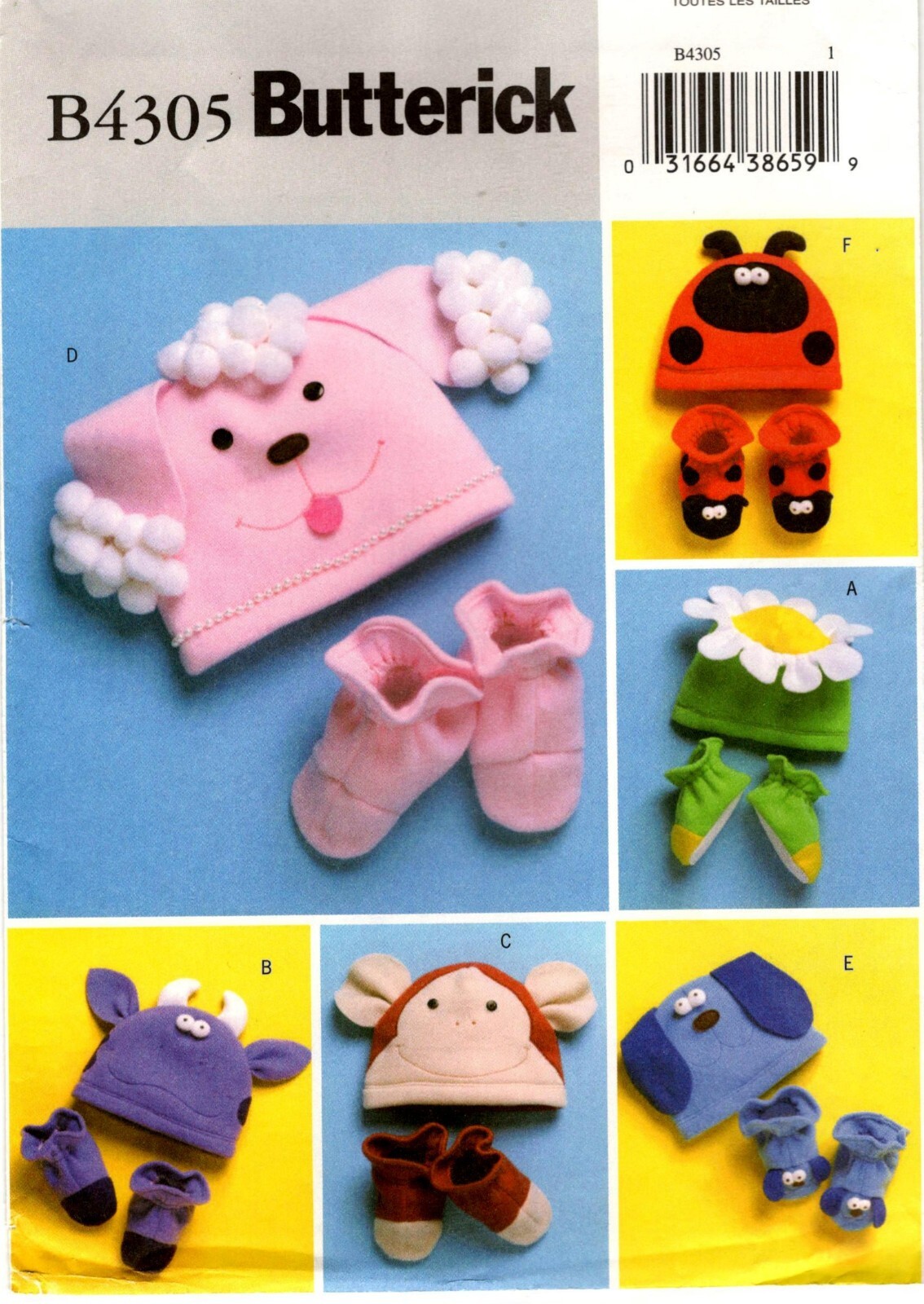 Butterick B4305 Infants Toddlers Fleece Hats Slippers Sewing Pattern Uncut