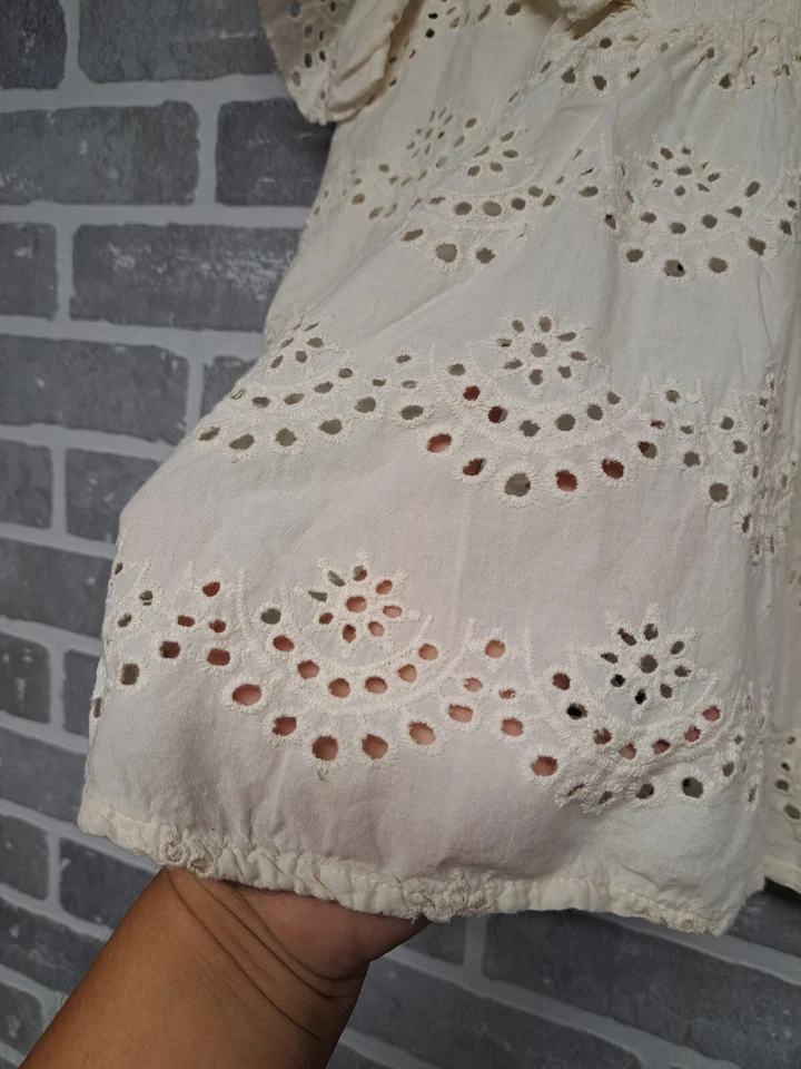 Artalier Nicolle Miller Ivory Eyelet Double Ruffle Sleeve Tassel Womens Blouse S - Image 4 of 4