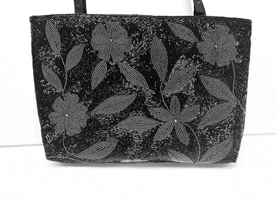 NIMA Hand Beaded Silver And Black Flower Handbag Evening Purse New 13.5'' X 9.5''