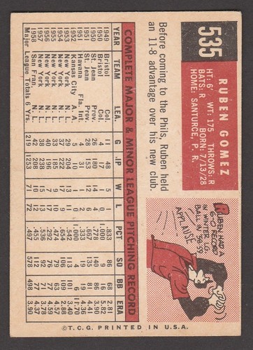 1959 TOPPS  BASEBALL  #  535  RUBEN GOMEZ   INV  J1696 - Afbeelding 2 van 2