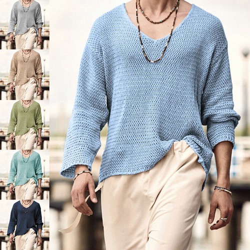 Mens Casual V Neck Jumper Tops Men 