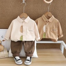 Toddler Boys Casual Long Sleeve Lapel Shirt Trousers Set with Patch Embroidery