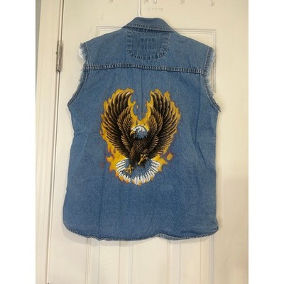USA Biker Design Denim Vest Medium Blue Flame Eagle Graphic Sleeveless size M