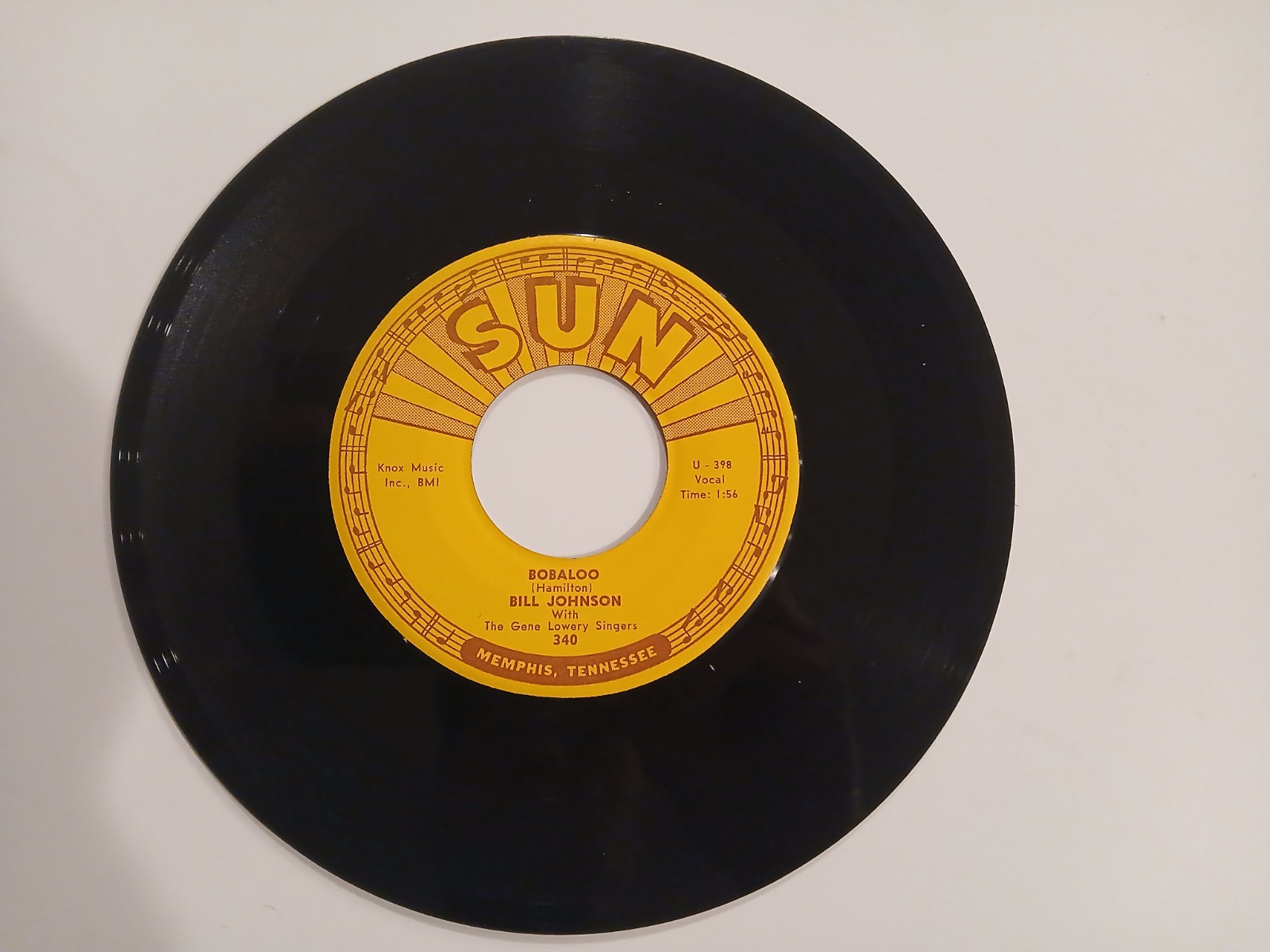 RARE VINYL 45 BILL JOHNSON & GENE LOWERY SINGERS BOBALOO EXCELLENT GRADE SUN 340