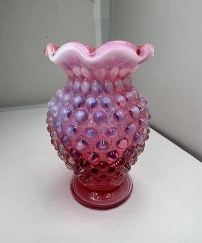 Vintage Fenton Hobnail  Cranberry Opalescent 4" Ruffled-Edge Vase~SPECIAL