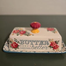 Pioneer Woman Butter Dish Vintage Floral Stoneware Excellent 