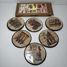 Vintage Egyptian Papyrus Set Of 6 Round Coasters W Box