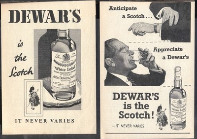 Zwei Vintage-Anzeigen aus den 1940er Jahren: DEWAR'S SCOTCH WHISKEY - ''Er variiert nie''. Versandkostenfrei