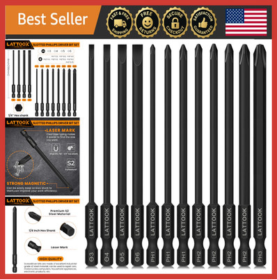 12pc Magnetic Screwdriver Bit Set, 4'' Long S2 Steel, Slotted & Phillips