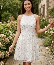 Adrianna Papell Embroidered White Overlay Gold Fit & Flare Dress 16 NWT $179