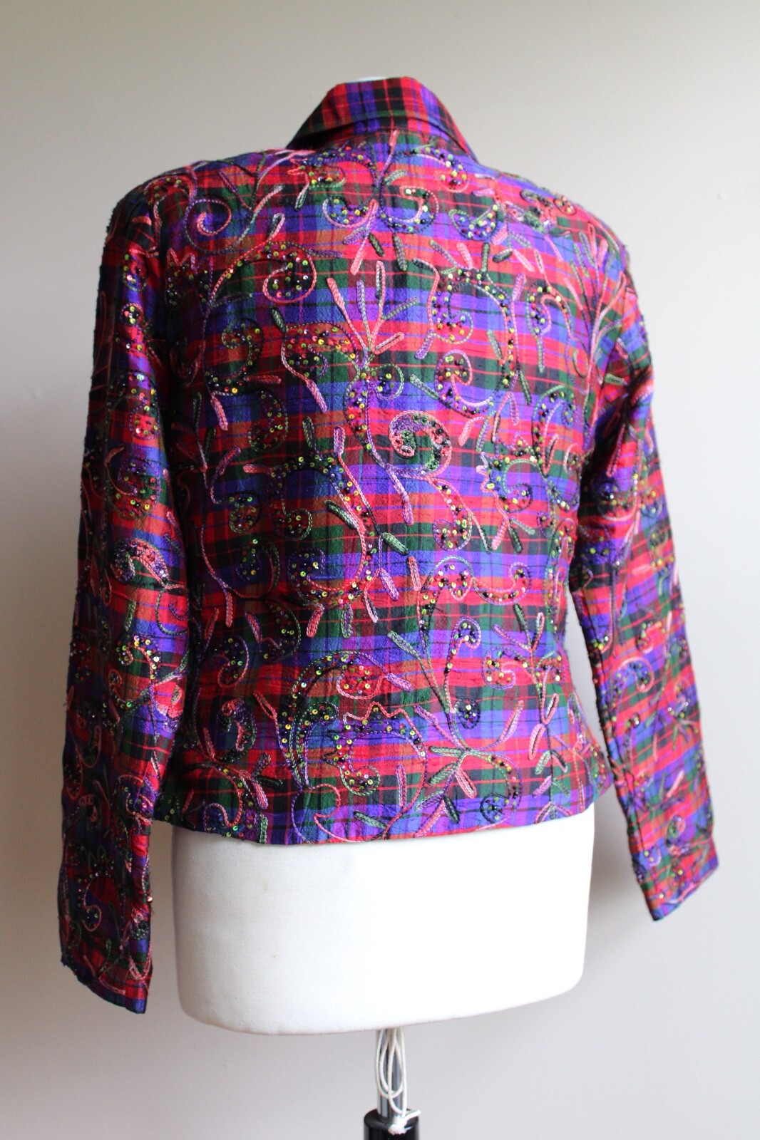 Anage XS 100% Silk Multicolor Plaid Embroidered Sequin Holiday Occasion ...