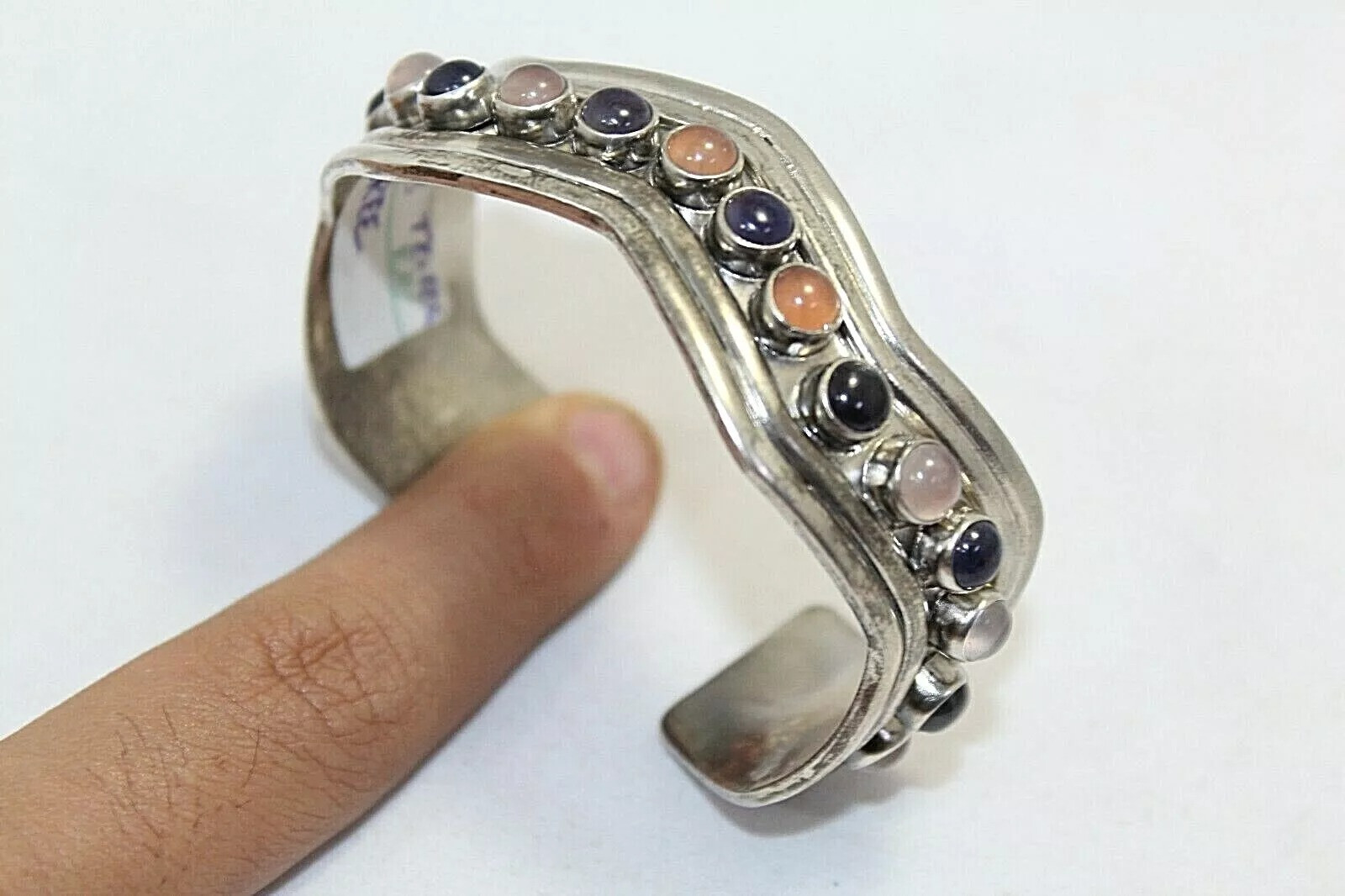 Sterling Silver Bangle Bracelet with Amethyst Rose Quartz and Onyx Stones C209-image